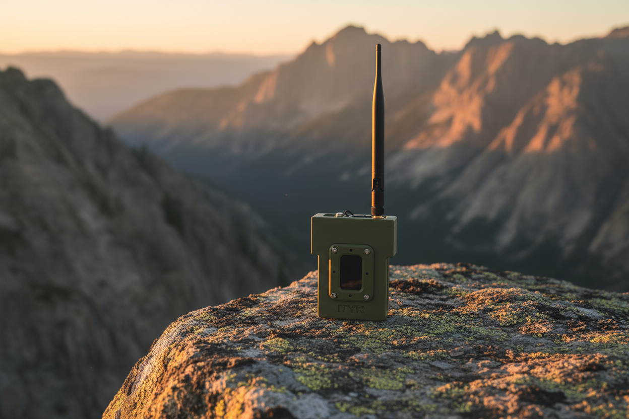 Exere Ityr mesh radio resting on a boulder outdoors