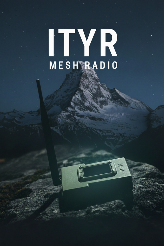 Exere Ityr mesh radio on a rock overlooking mountains at night